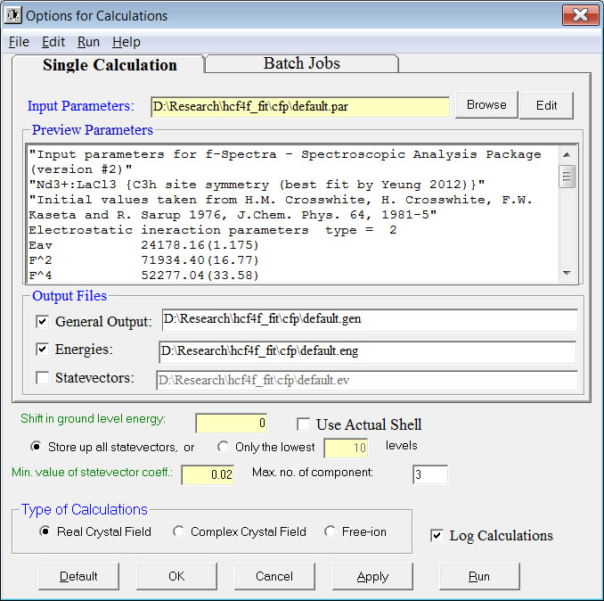 Options for Calculations window